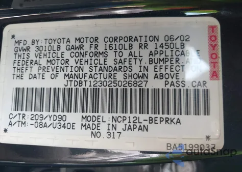 2002 Toyota Echo z USA, uszkodzony, nr VIN JTDBT123025026827